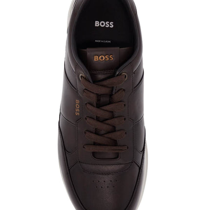 Boss men's dark brown leather sneakers with rubber sole jace_runn_bu