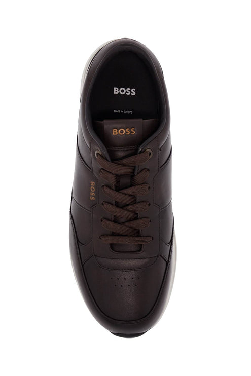 Boss men's dark brown leather sneakers with rubber sole jace_runn_bu