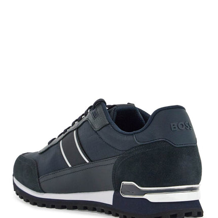 Boss men's sneakers in technical fabric and dark blue suede with rubber sole