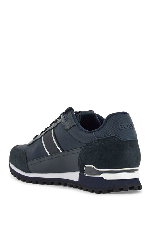 Boss men's sneakers in technical fabric and dark blue suede with rubber sole