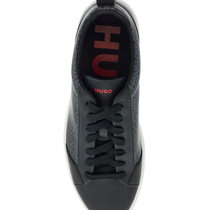 Hugo men's black leather sneakers with gray logo and white sole - contemporary style