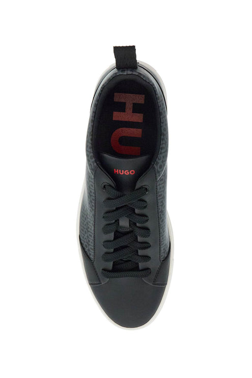 Hugo men's black leather sneakers with gray logo and white sole - contemporary style