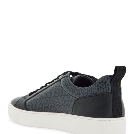 Hugo men's black leather sneakers with gray logo and white sole - contemporary style