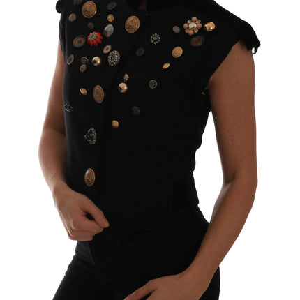 Embellished Black Military Style Vest