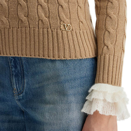 Valentino Garavani beige and ivory cable knit crew neck sweater