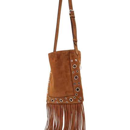 Valentino Garavani brown copper suede crossbody bag with studs and fringe