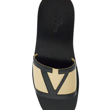 Valentino Garavani men's black and beige goat leather slippers with central strap