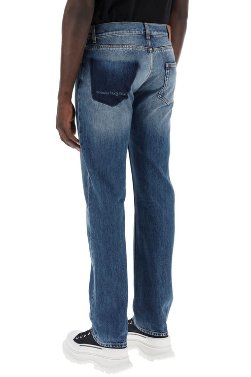 Alexander Mcqueen straight leg jeans with faux pocket on the back.