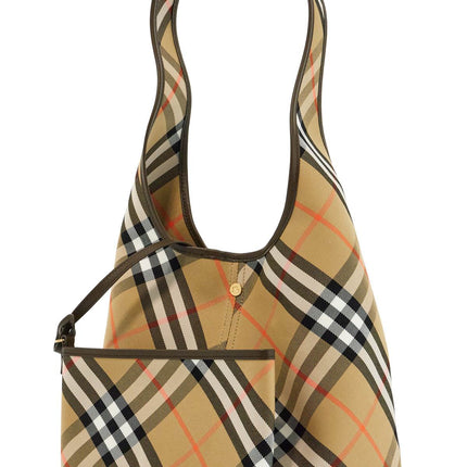 Burberry large beige cotton shoulder bag with check pattern and coordinated pouch