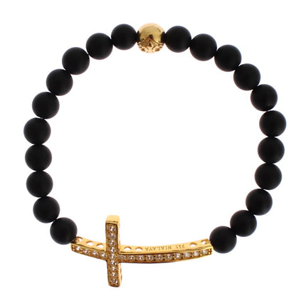 Chic Matte Onyx Bead & CZ Diamond Cross Bracelet