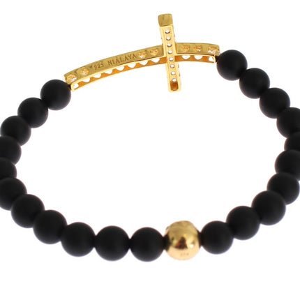 Chic Matte Onyx Bead & CZ Diamond Cross Bracelet