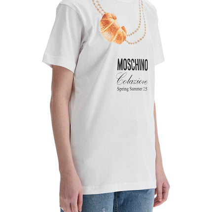 Moschino white cotton t-shirt with croissant and pearls print