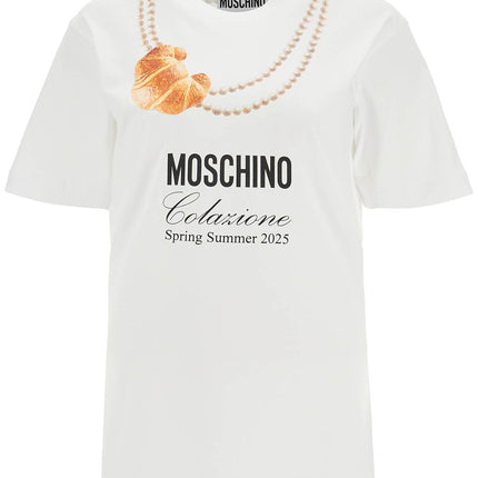 Moschino white cotton t-shirt with croissant and pearls print