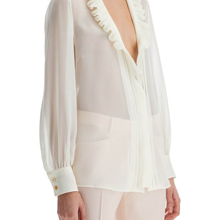 Tom Ford cream silk shirt with ruffled collar and mother-of-pearl buttons