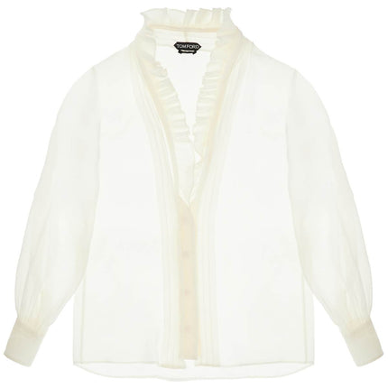 Tom Ford cream silk shirt with ruffled collar and mother-of-pearl buttons