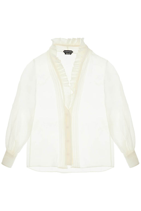 Tom Ford cream silk shirt with ruffled collar and mother-of-pearl buttons