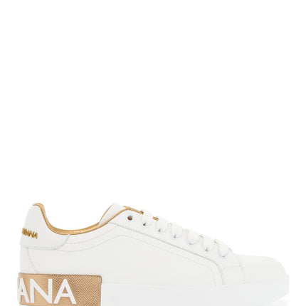 Dolce & Gabbana white calfskin low-top sneakers with gold details and velcro closure