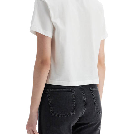 A.P.C. women's organic cotton white boxy cropped t-shirt with micro embroidered logo gots