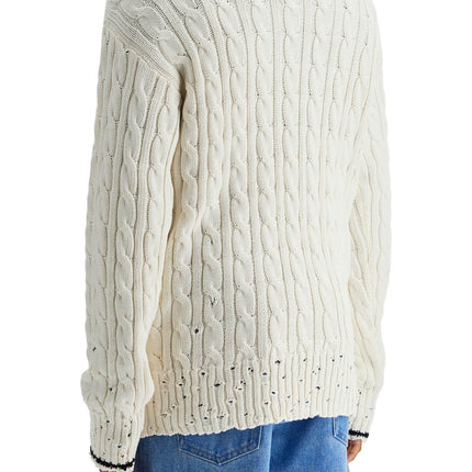 Marni white cotton sweater with cable knit v-neck