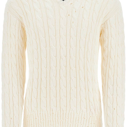 Marni white cotton sweater with cable knit v-neck