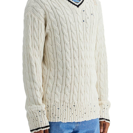 Marni white cotton sweater with cable knit v-neck