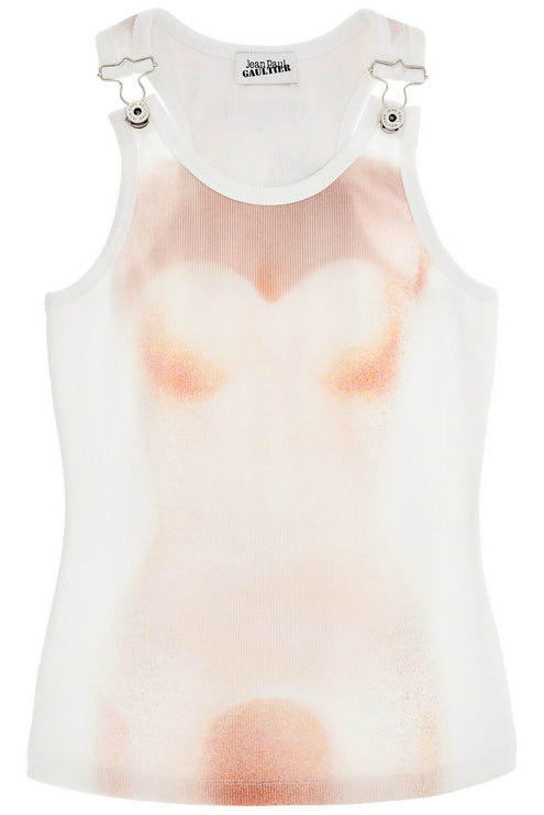 JEAN PAUL GAULTIER white cotton top with leather print le classique