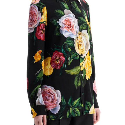 Dolce & Gabbana black silk shirt with multicolored roses and yellow buttons