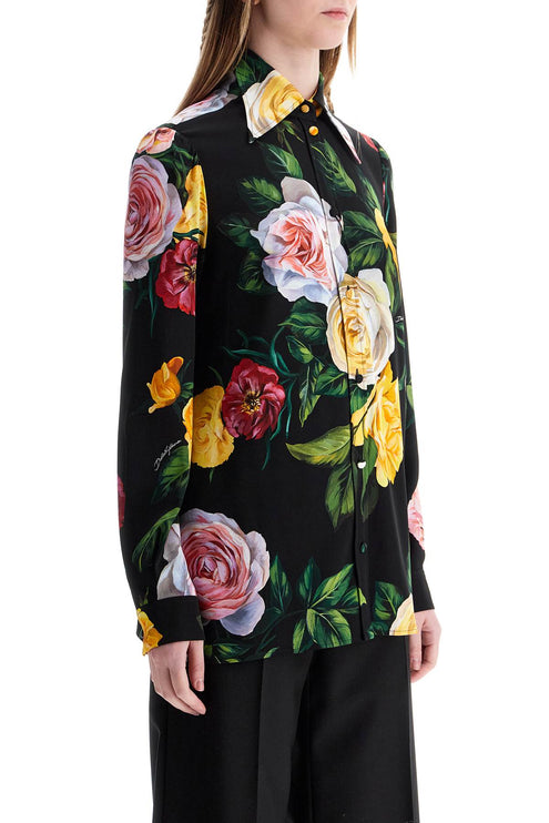 Dolce & Gabbana black silk shirt with multicolored roses and yellow buttons