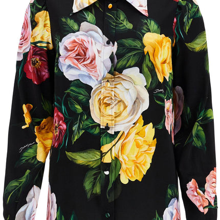 Dolce & Gabbana black silk shirt with multicolored roses and yellow buttons