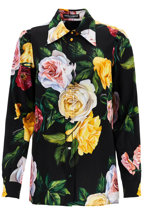 Dolce & Gabbana black silk shirt with multicolored roses and yellow buttons