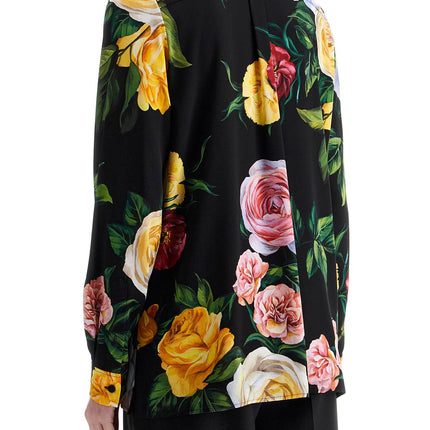 Dolce & Gabbana black silk shirt with multicolored roses and yellow buttons