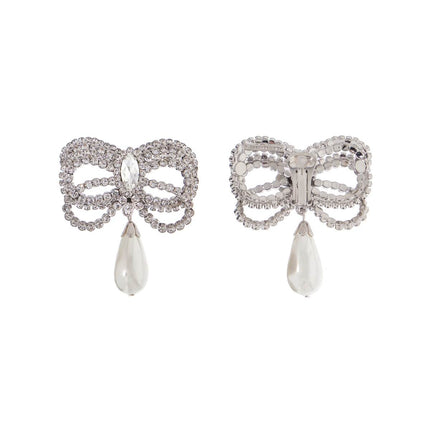 Alessandra Rich hypoallergenic brass earrings in silver with bow and drop pearl