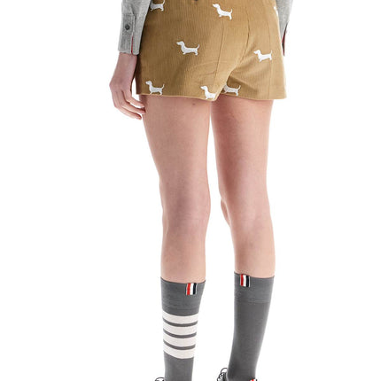 Thom Browne khaki corduroy shorts with white dog pattern