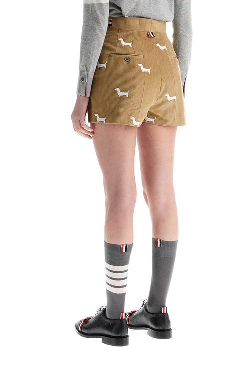 Thom Browne khaki corduroy shorts with white dog pattern