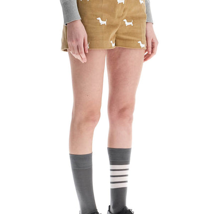 Thom Browne khaki corduroy shorts with white dog pattern