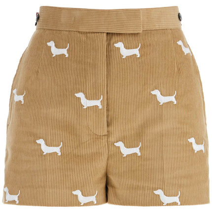 Thom Browne khaki corduroy shorts with white dog pattern