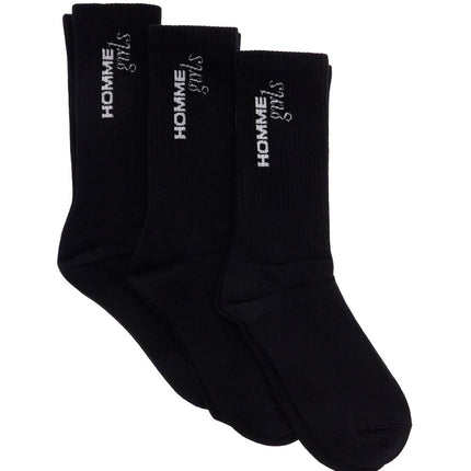 Homme Girls black medium cotton socks pack of 3 with embroidered logo