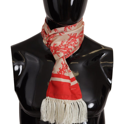 Elegant Silk Men's Scarf Wrap - Red Coral Print