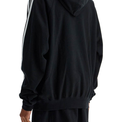 Y-3 black cotton and recycled polyester hoodie with white raglan stripes