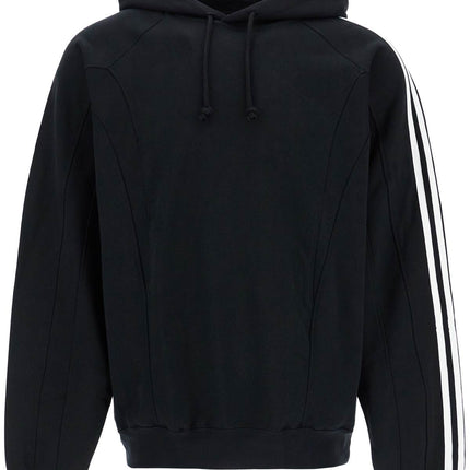 Y-3 black cotton and recycled polyester hoodie with white raglan stripes