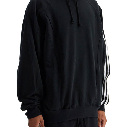 Y-3 black cotton and recycled polyester hoodie with white raglan stripes