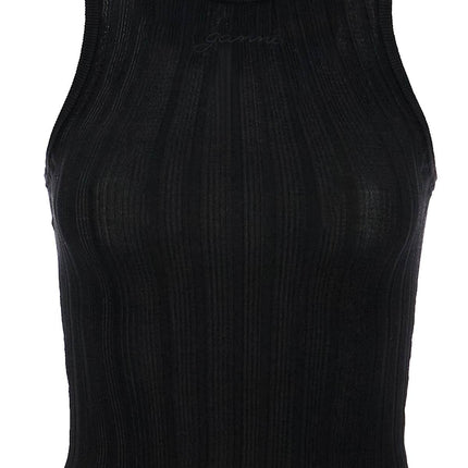 Ganni ribbed knit tank top with spaghetti straps