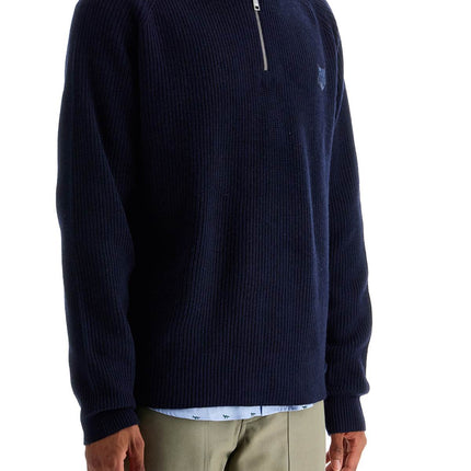 Maison Kitsune ink blue wool sweater with fox head patch and half zip