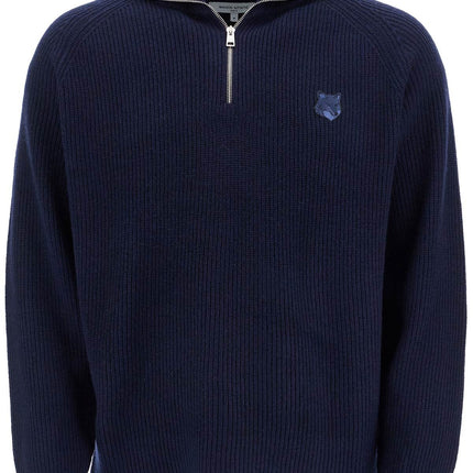 Maison Kitsune ink blue wool sweater with fox head patch and half zip