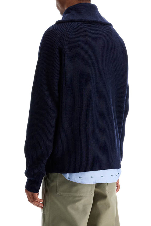 Maison Kitsune ink blue wool sweater with fox head patch and half zip