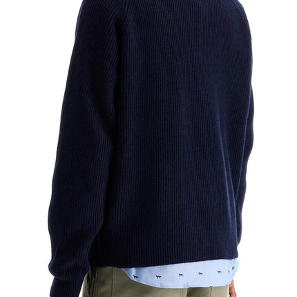 Maison Kitsune ink blue wool sweater with fox head patch and half zip