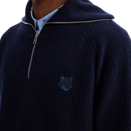 Maison Kitsune ink blue wool sweater with fox head patch and half zip