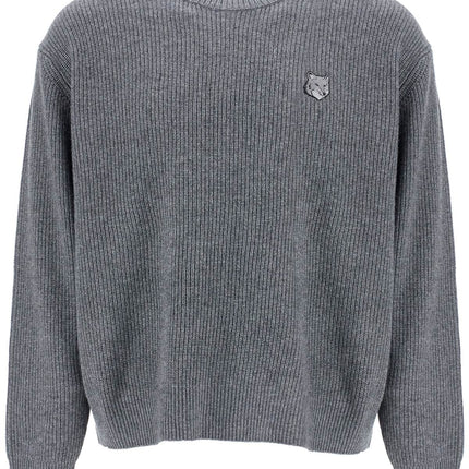 Maison Kitsune gray mélange wool sweater with embroidered fox logo