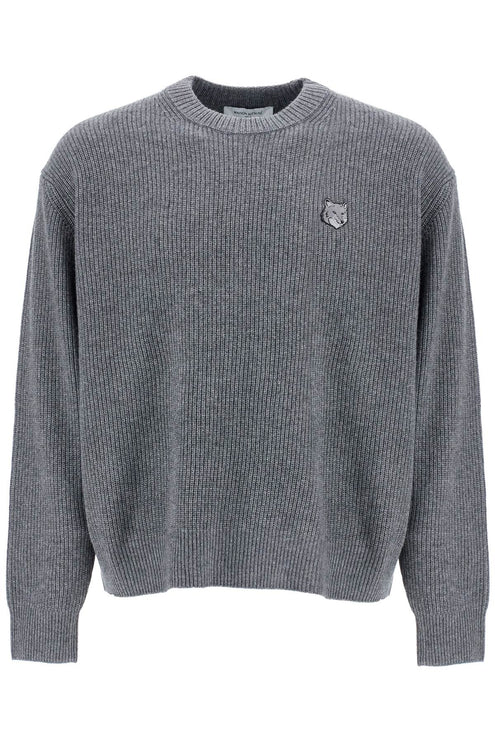 Maison Kitsune gray mélange wool sweater with embroidered fox logo