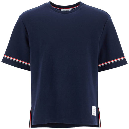 Thom Browne navy blue striped cotton t-shirt with wide neck